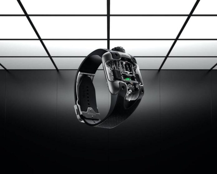 Hublot MP-10 Tourbillon Weight Energy System com detalhes em verde e pulseira de borracha.