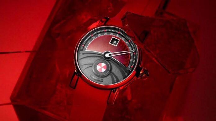 Relógio Chronoswiss Delphis Firestarter com fundo vermelho e detalhes em preto, apresentando um mostrador inovador.