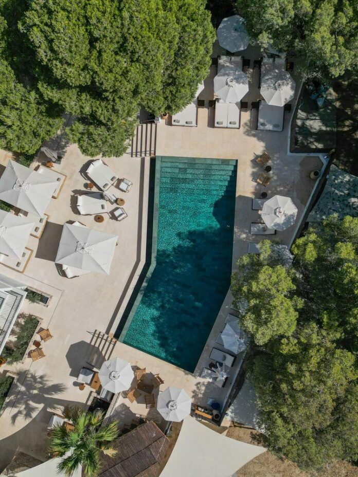 Uma visão aérea do Teranka com a vegetação ao redor e a piscina em forma de L.